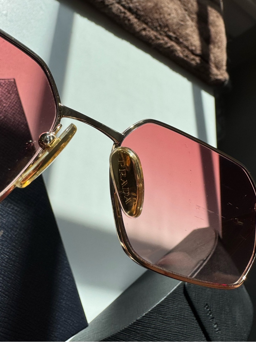 Prada Gold Metal Sunglasses with Rose Pink Lenses and Triangle Logo Detail - Picture 5 of 6